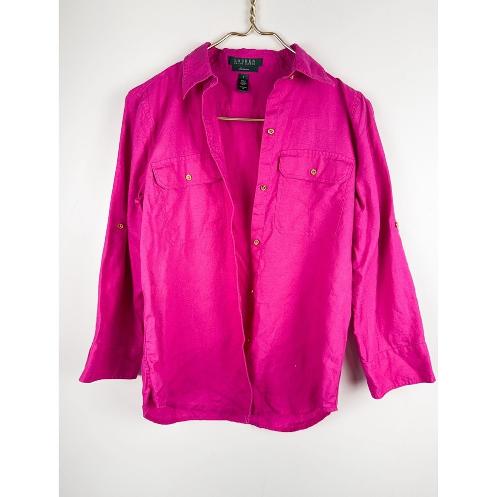 Lauren Ralph Lauren Linen Shirt Preppy Sz S Magenta Roll Tab Button Up Resort